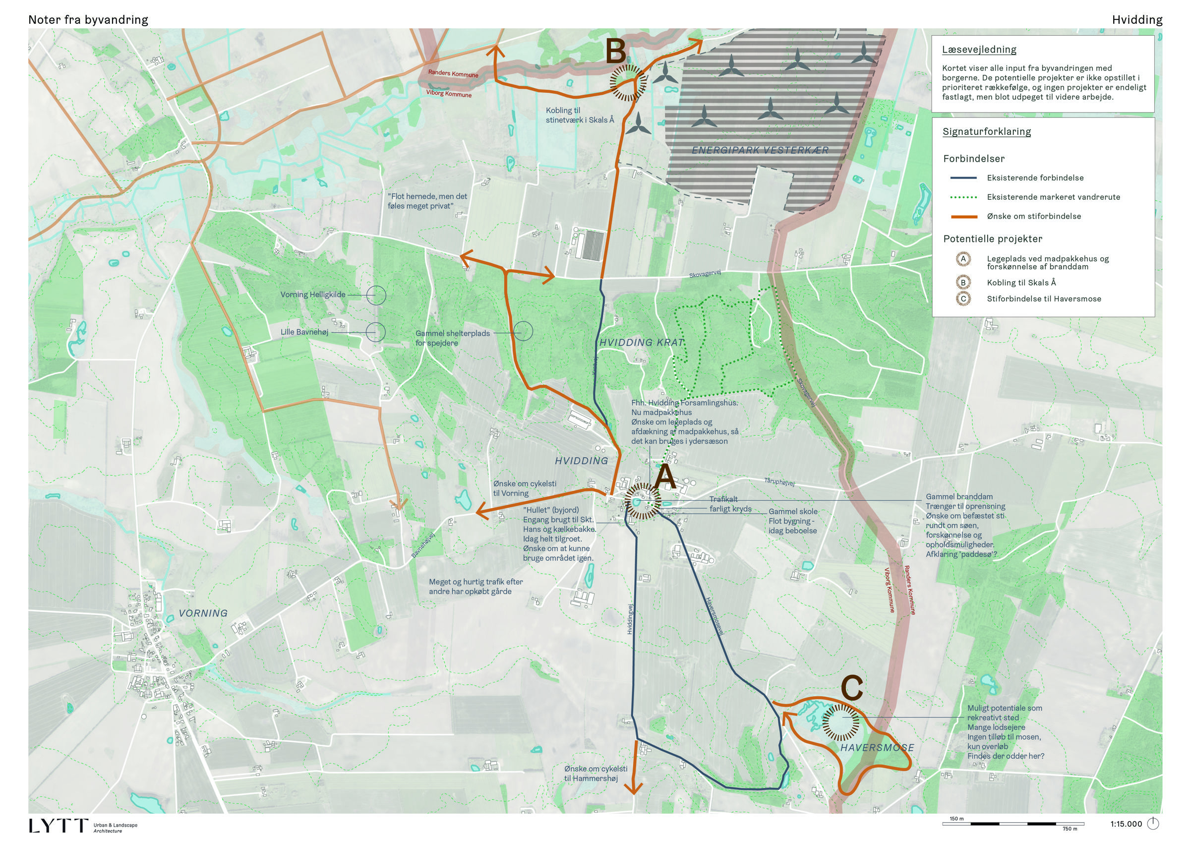 Kort og noter fra byvandring Hvidding - målestok 1:15.000