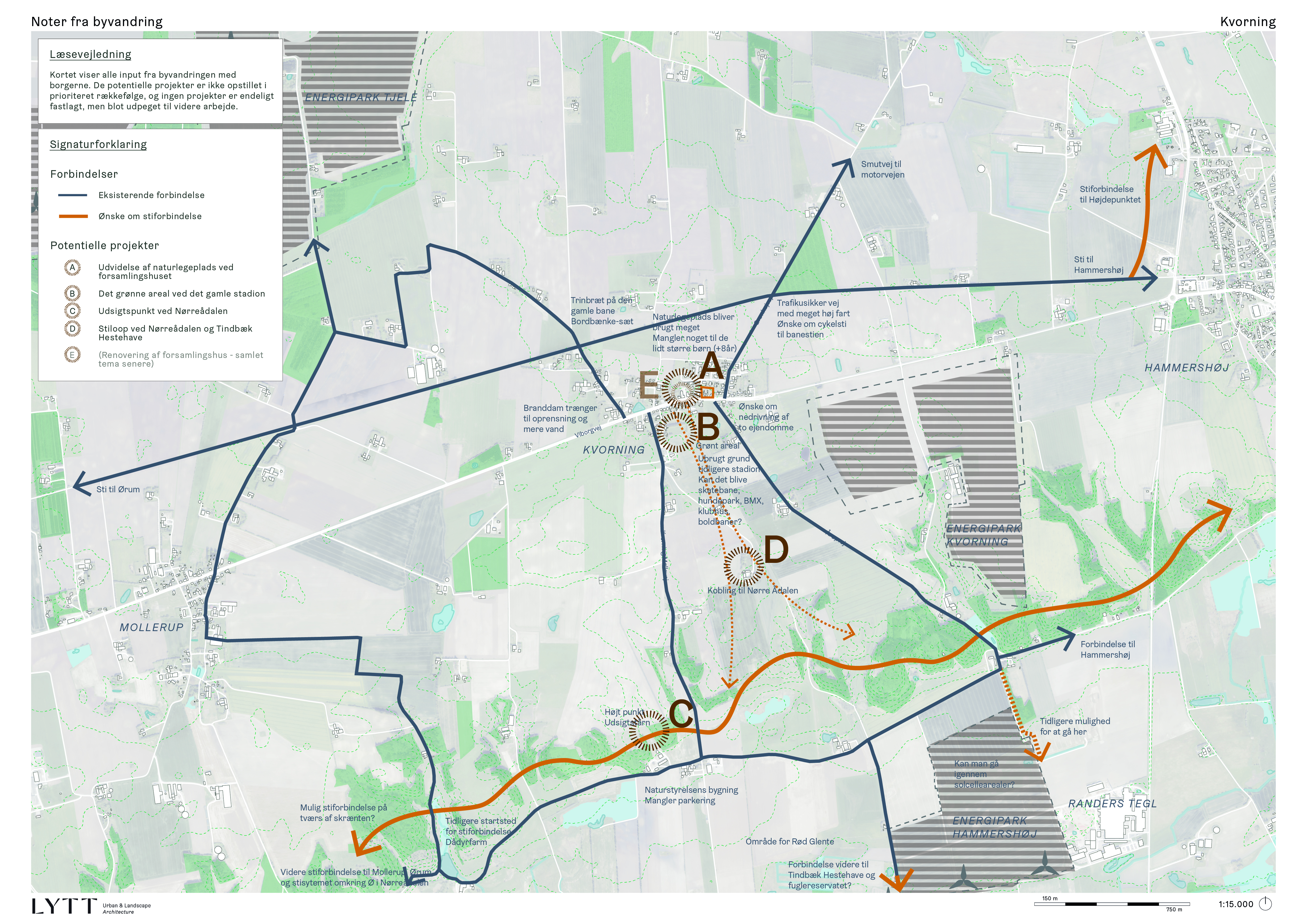 Kort og noter fra byvandring Kvorning - målestok 1:15.000